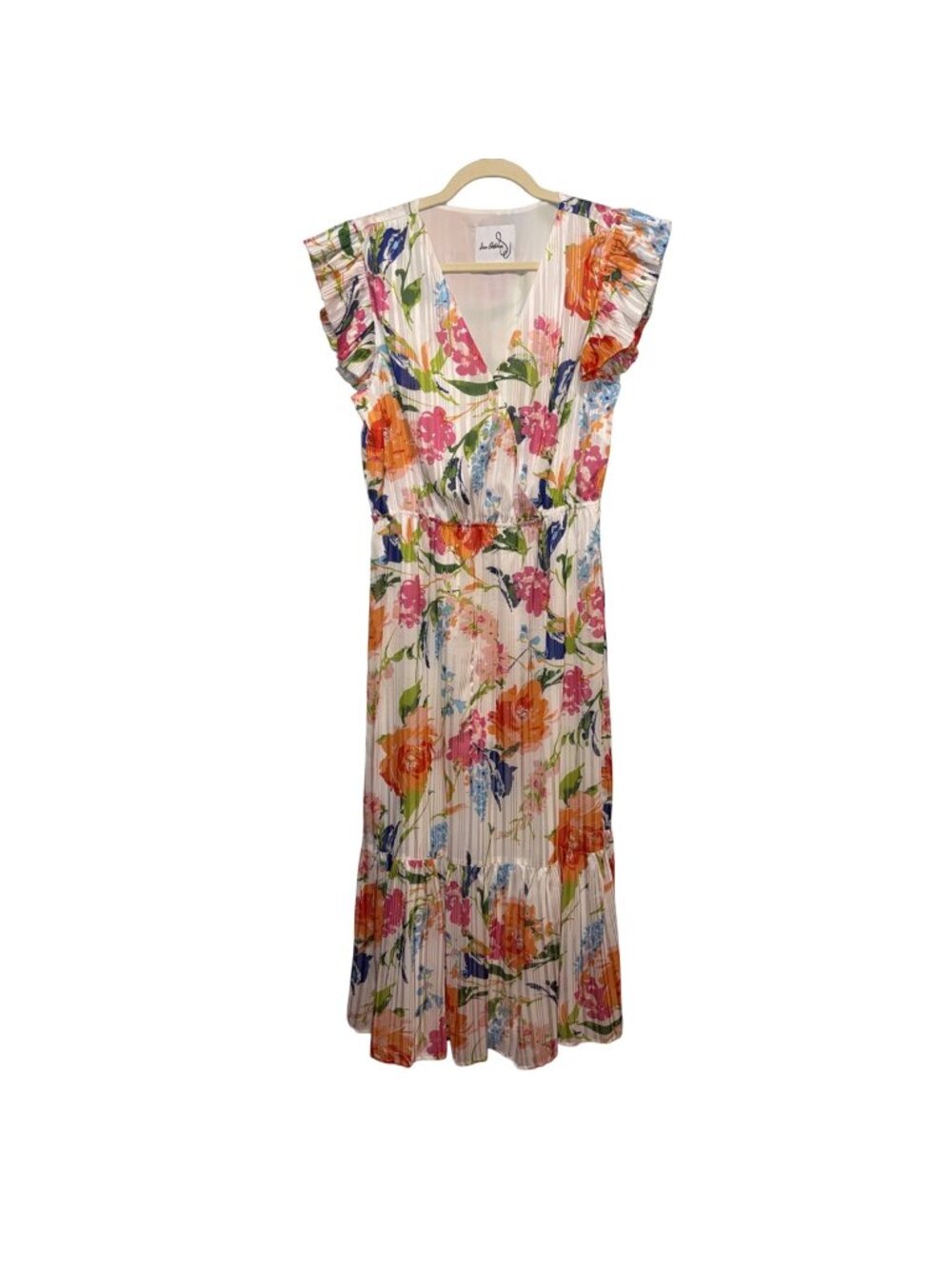 Sam Edelman Floral Pleated Maxi Dress Ruffle Sleeves 10 Multicolor Lightweight